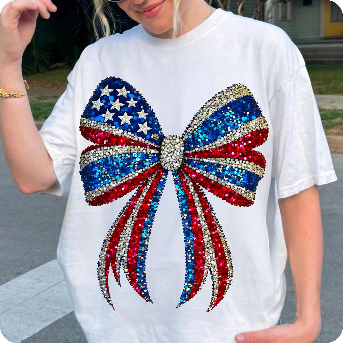 USA coquette bow with faux rhinestone stars PNG design - image 4