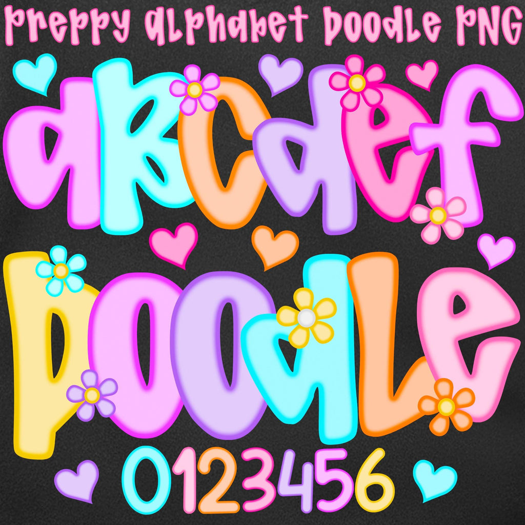 Preppy doodle alphabet PNG bundle in 7 colors PNG design for sublimation and DTF