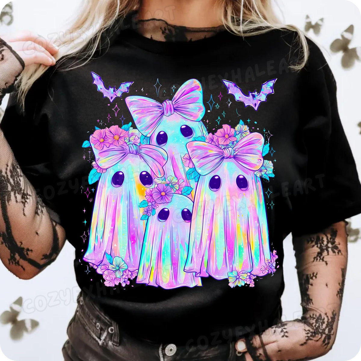 Iridescent ghost and pumpkin coquette Halloween PNG design - image 2