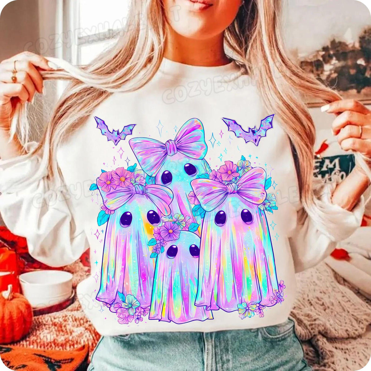Iridescent ghost and pumpkin coquette Halloween PNG design - image 3