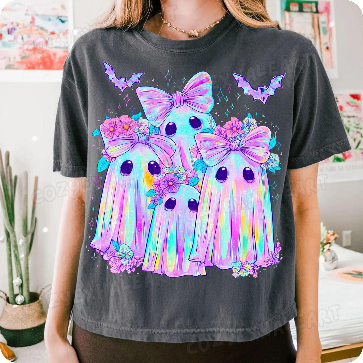 Iridescent ghost and pumpkin coquette Halloween PNG design - image 7
