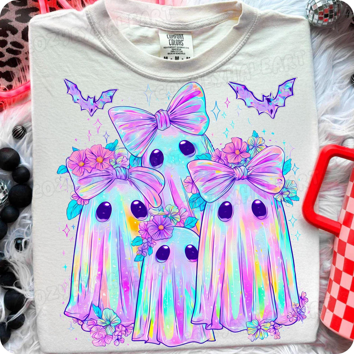 Iridescent ghost and pumpkin coquette Halloween PNG design for sublimation and DTF
