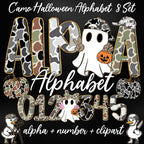 Camo Halloween alphabet PNG with ghost clipart PNG design for sublimation and DTF