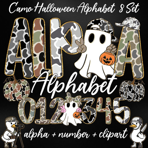 Camo Halloween alphabet PNG with ghost clipart PNG design for sublimation and DTF