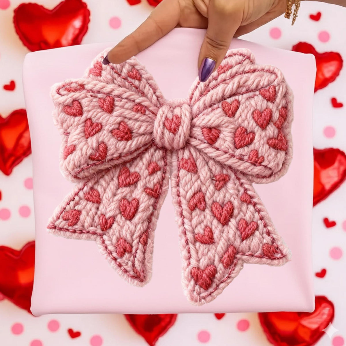 Preppy coquette Valentine PNG with faux embroidery pink bow and yarn heart - image 3