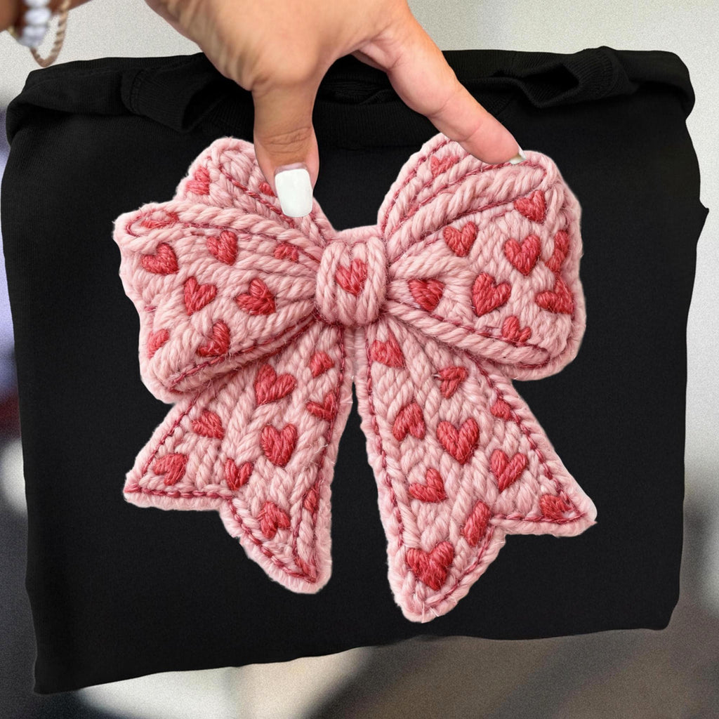 Preppy coquette Valentine PNG with faux embroidery pink bow and yarn heart - image 4