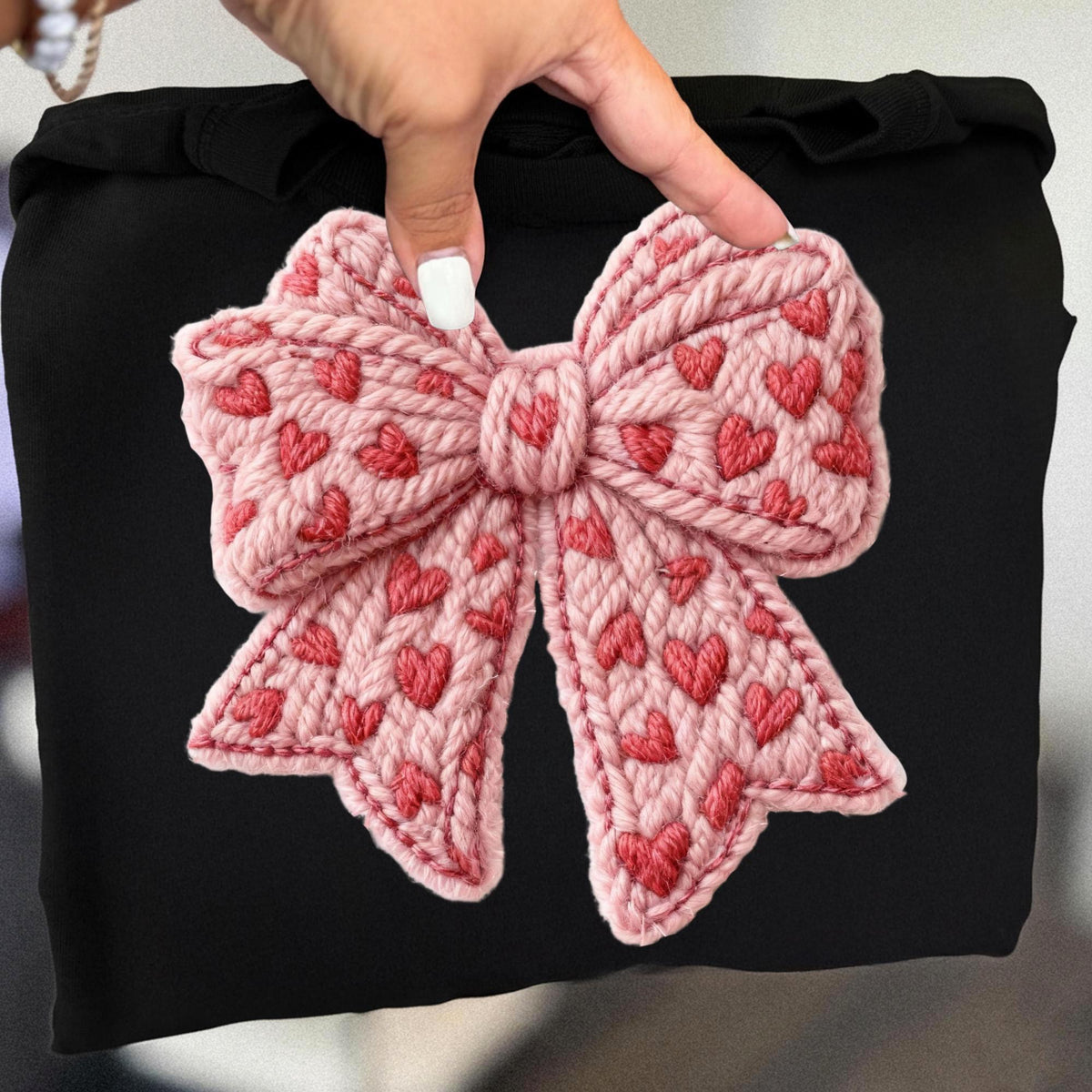 Preppy coquette Valentine PNG with faux embroidery pink bow and yarn heart - image 4