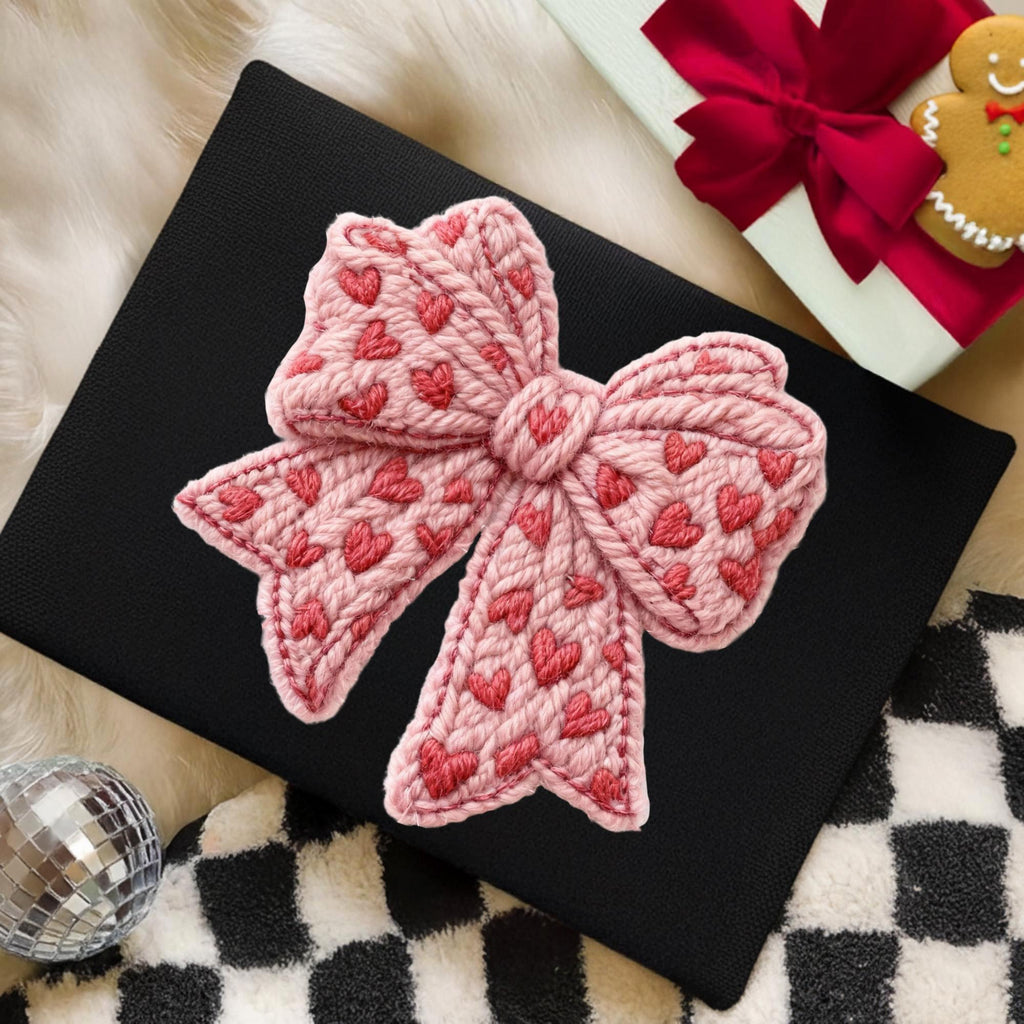 Preppy coquette Valentine PNG with faux embroidery pink bow and yarn heart - image 8