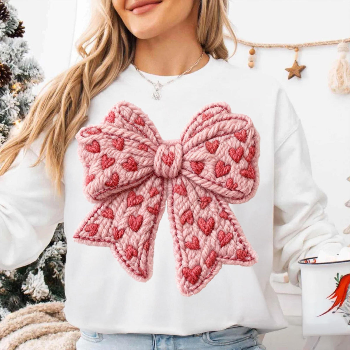 Preppy coquette Valentine PNG with faux embroidery pink bow and yarn heart - image 2