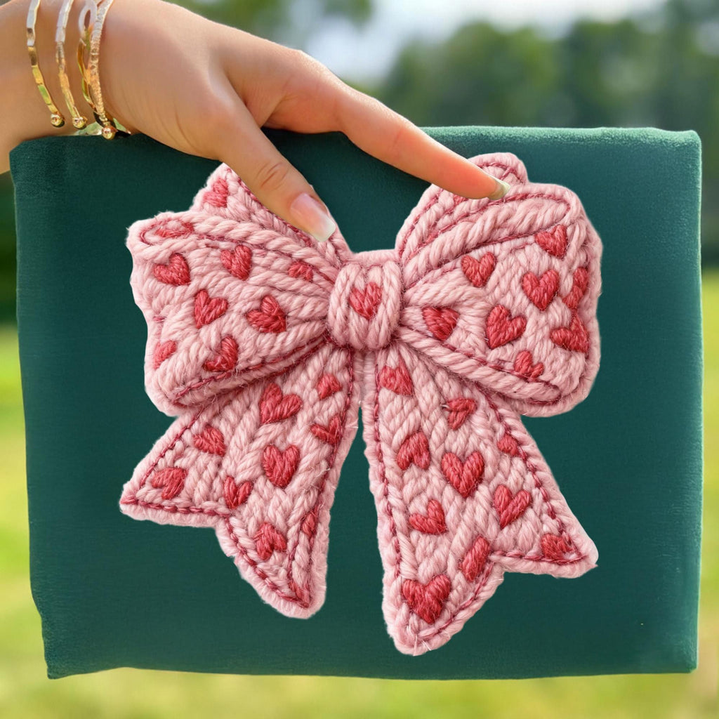 Preppy coquette Valentine PNG with faux embroidery pink bow and yarn heart - image 6