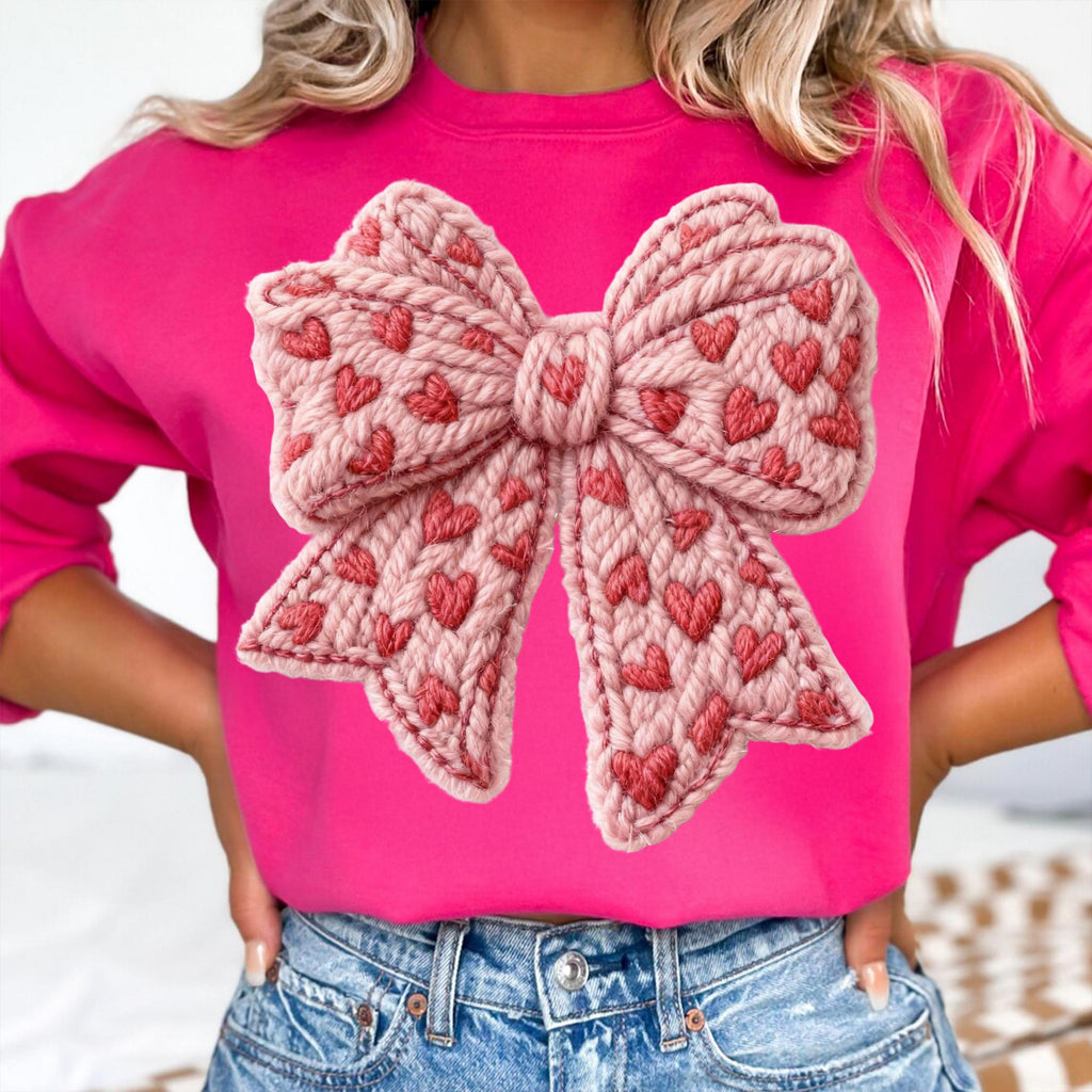 Preppy coquette Valentine PNG with faux embroidery pink bow and yarn heart - image 7