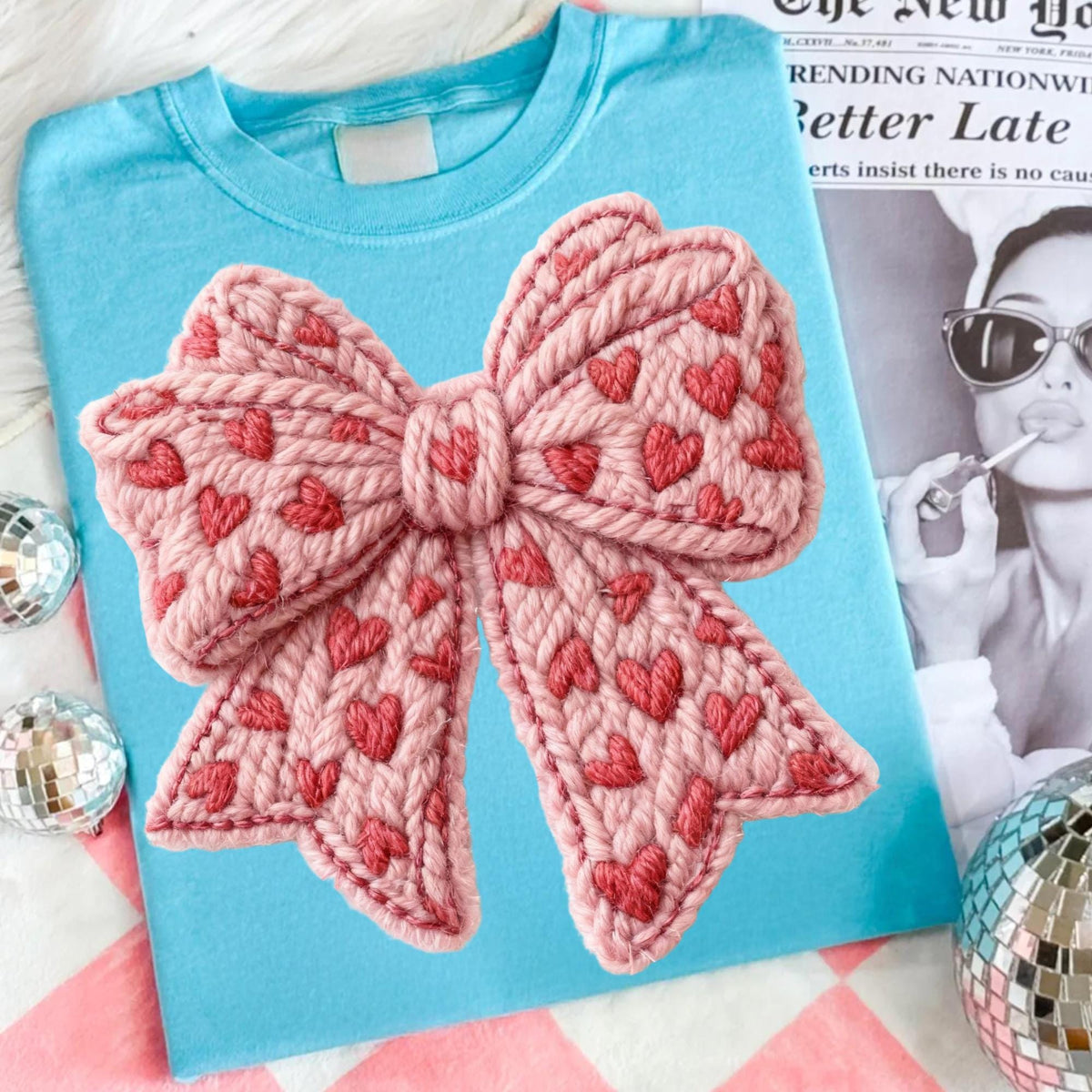 Preppy coquette Valentine PNG with faux embroidery pink bow and yarn heart - image 10
