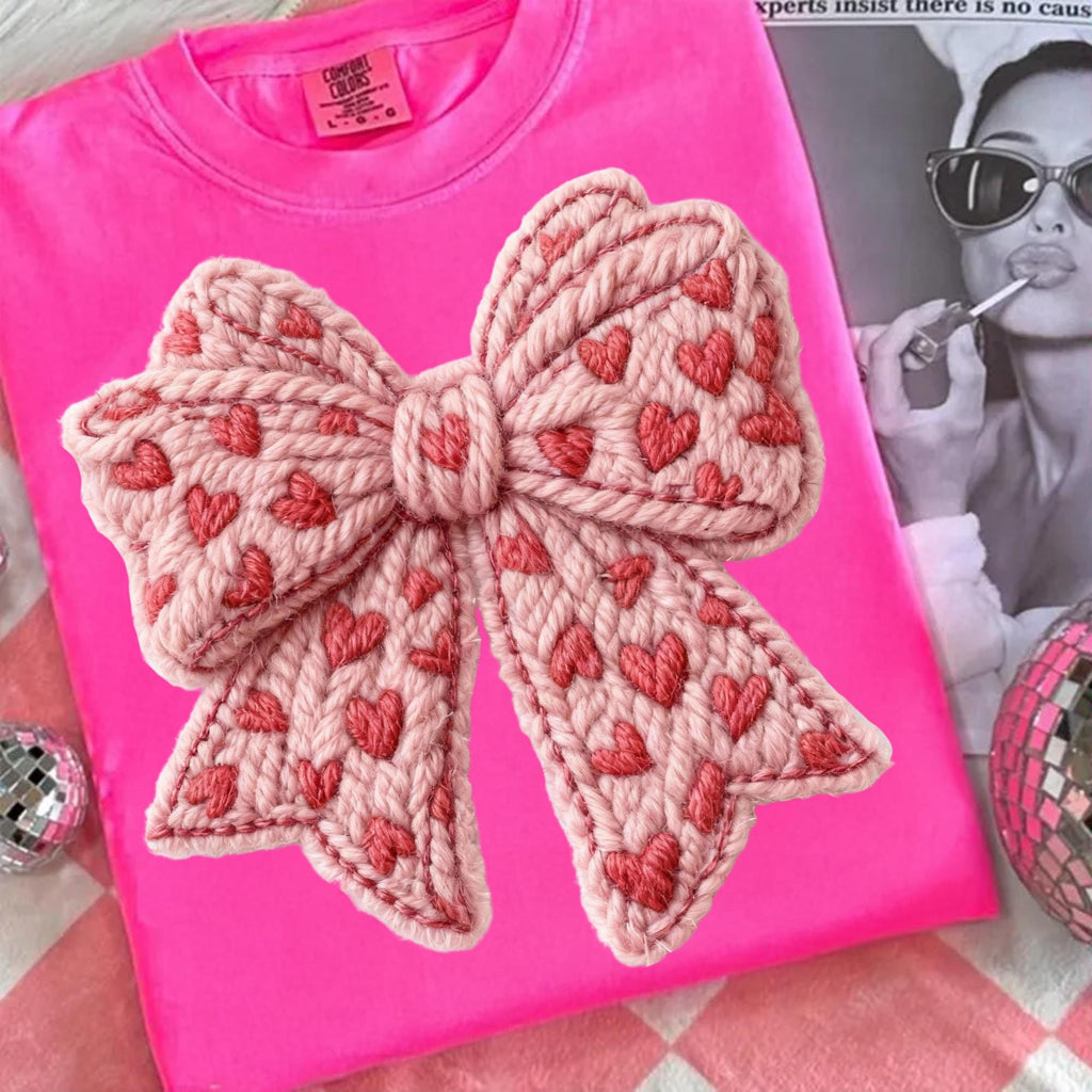 Preppy coquette Valentine PNG with faux embroidery pink bow and yarn heart - image 9