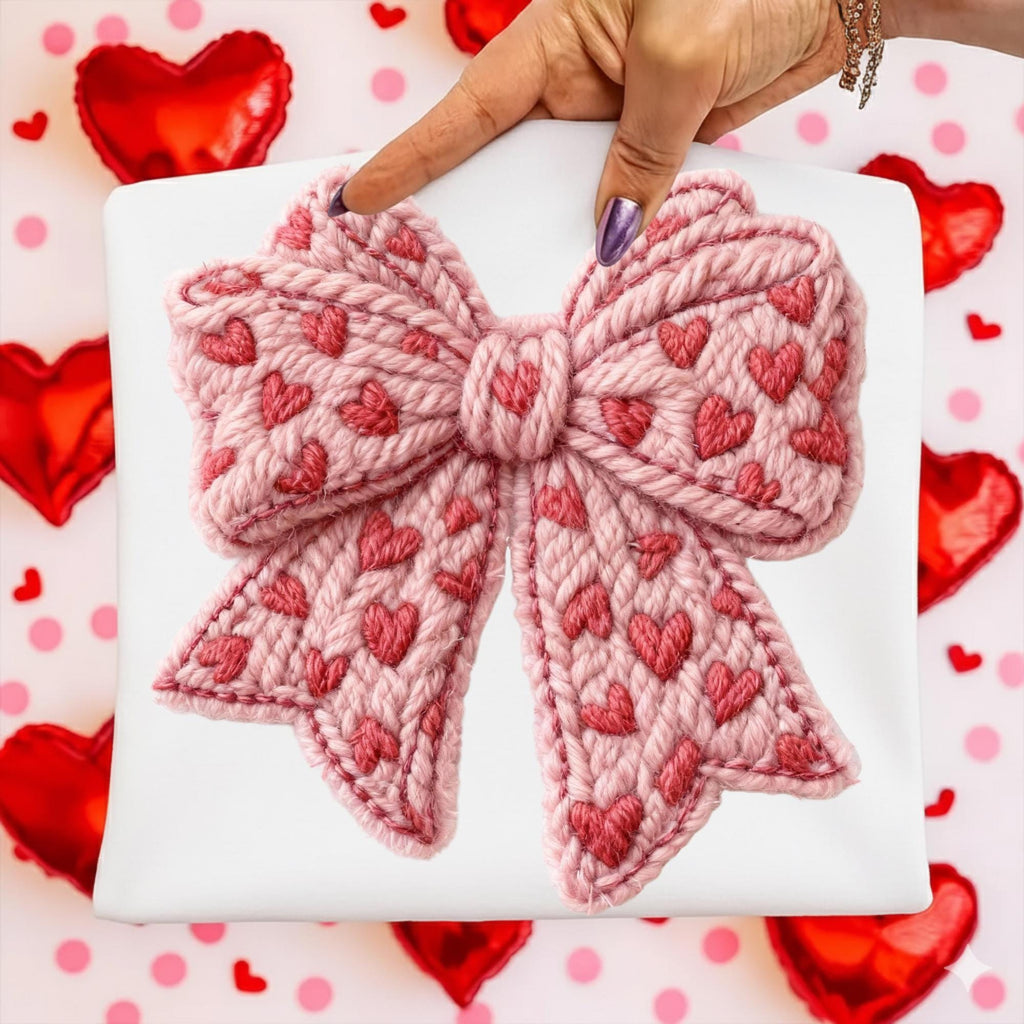 Preppy coquette Valentine PNG with faux embroidery pink bow and yarn heart