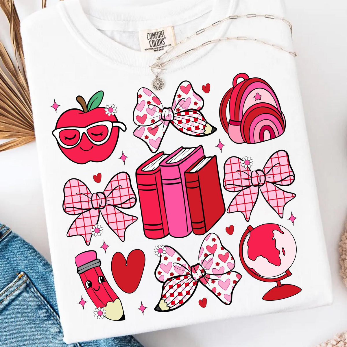Teacher Valentine PNG with coquette bow leopard heart apple and pencil - image 4