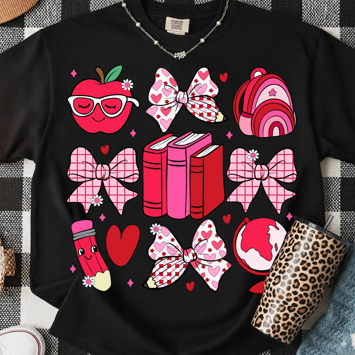 Teacher Valentine PNG with coquette bow leopard heart apple and pencil - image 10
