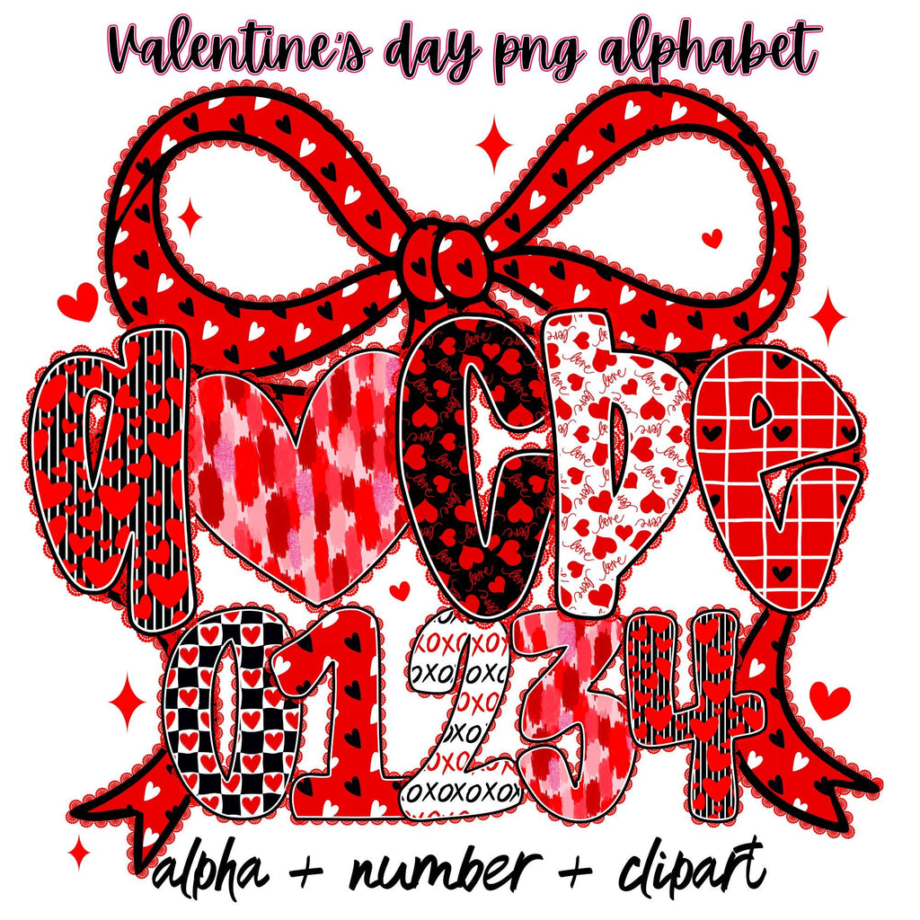 Valentine's Day alphabet PNG bundle with red bow and heart letters and numbers