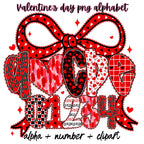 Valentine's Day alphabet PNG bundle with red bow and heart letters and numbers