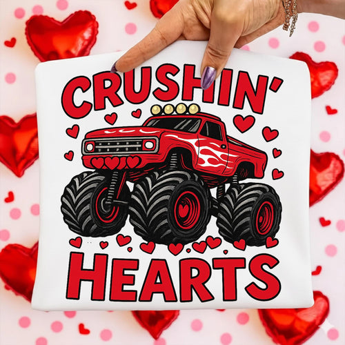 Valentine monster truck Crushin Hearts PNG design for sublimation and DTF