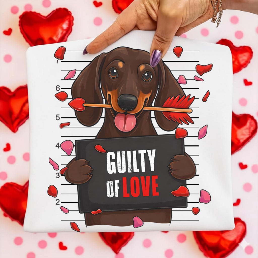 Guilty dachshund Valentine PNG in retro preppy coquette style for dog mom shirts