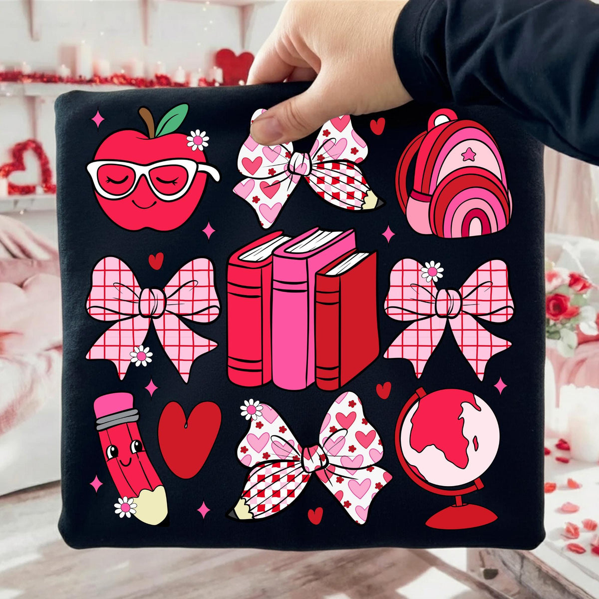 Teacher Valentine PNG with coquette bow leopard heart apple and pencil - image 2