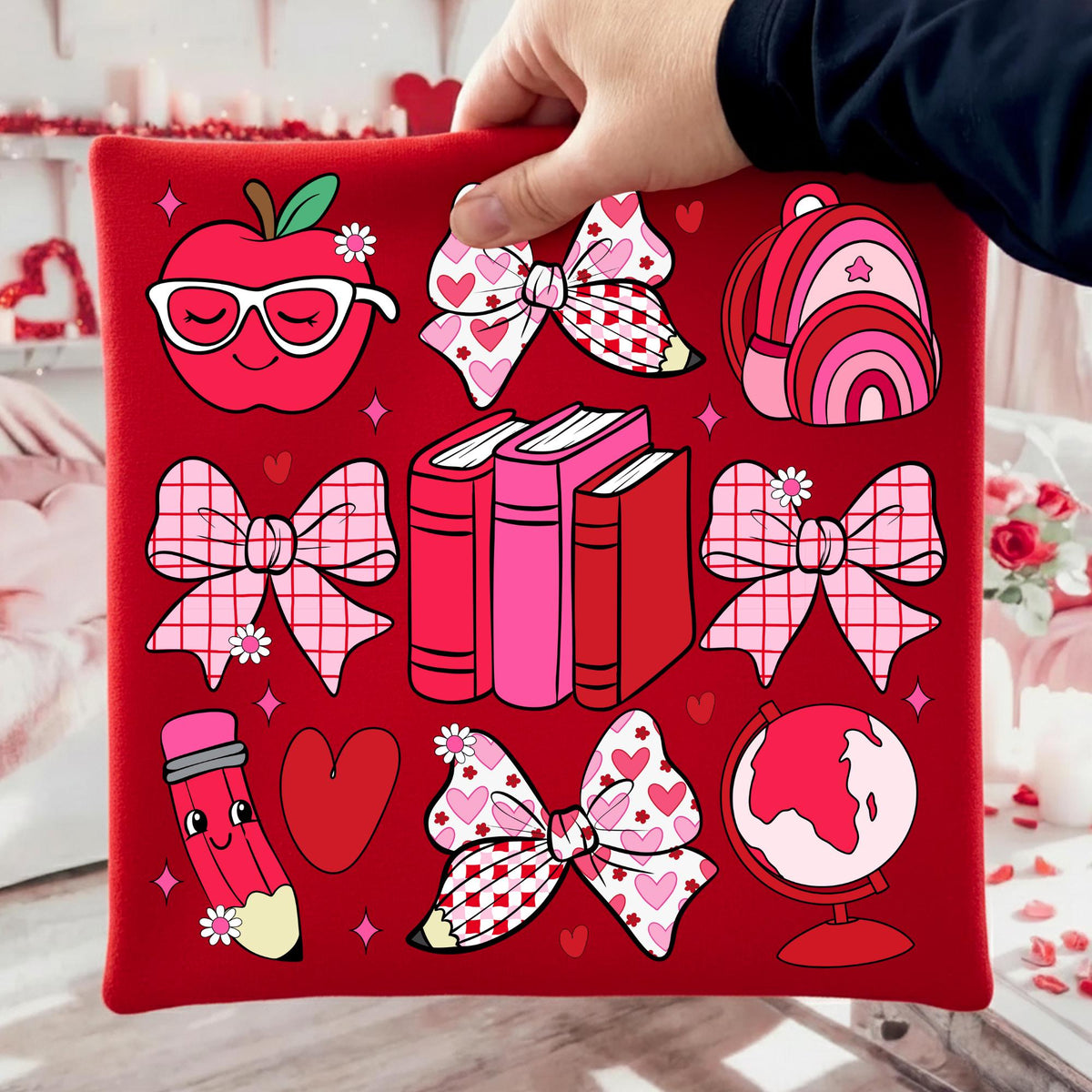Teacher Valentine PNG with coquette bow leopard heart apple and pencil - image 3