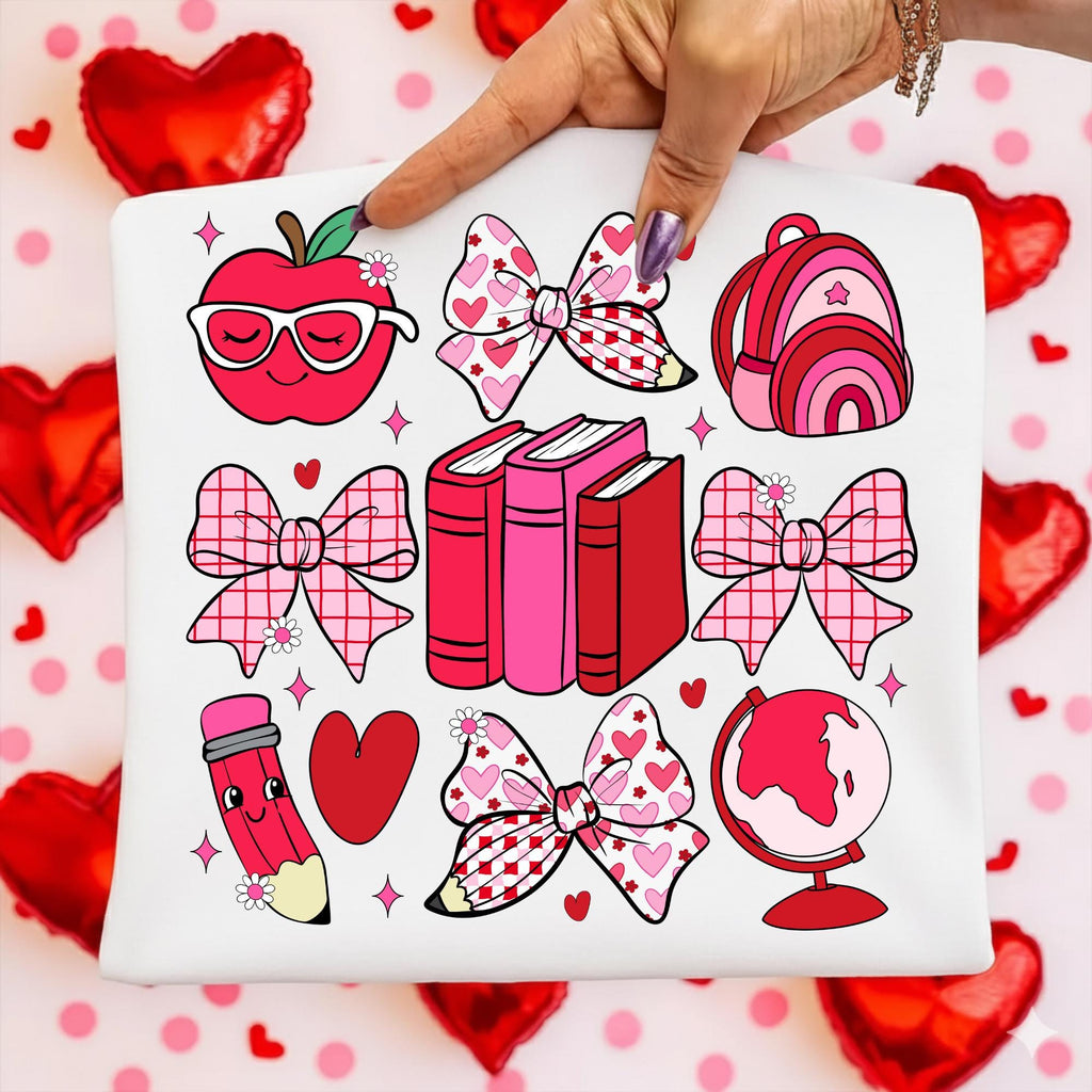 Teacher Valentine PNG with coquette bow leopard heart apple and pencil