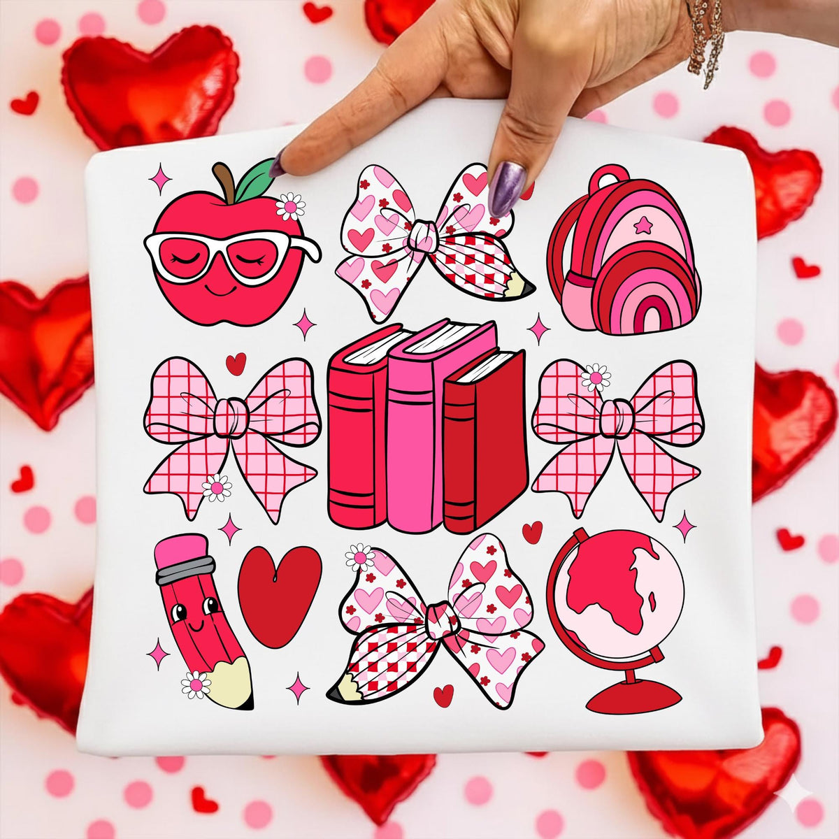 Teacher Valentine PNG with coquette bow leopard heart apple and pencil