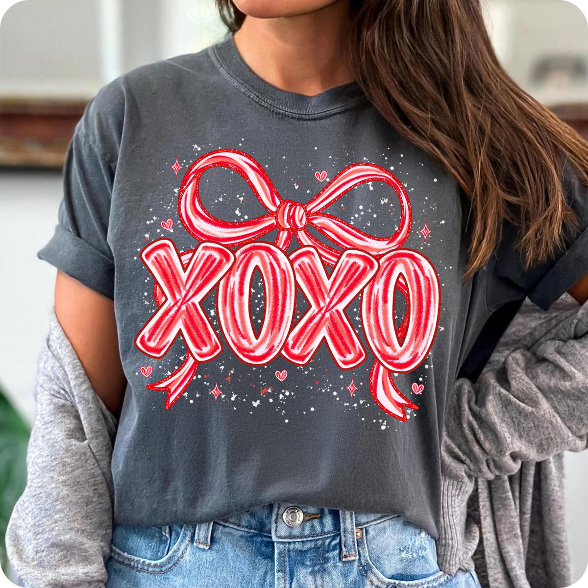 Valentine XOXO PNG with coquette bow and brushstroke heart in pink glitter - image 10
