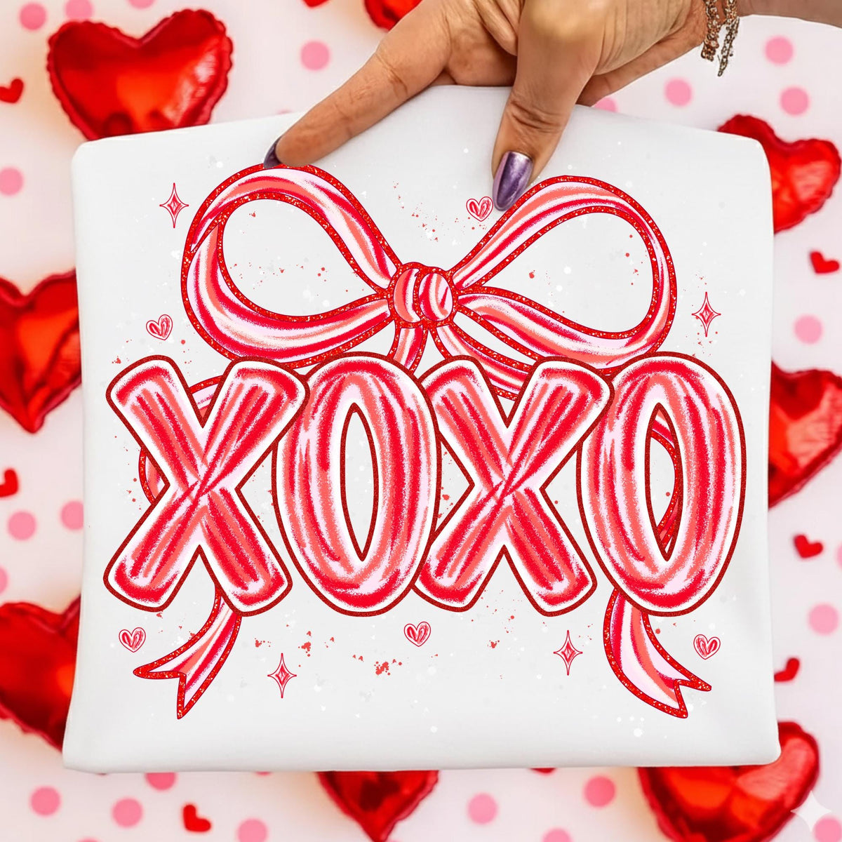 Valentine XOXO PNG with coquette bow and brushstroke heart in pink glitter - image 2