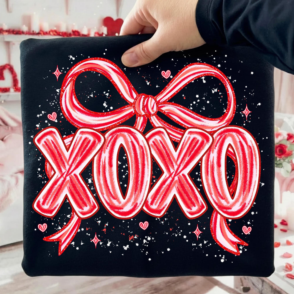 Valentine XOXO PNG with coquette bow and brushstroke heart in pink glitter