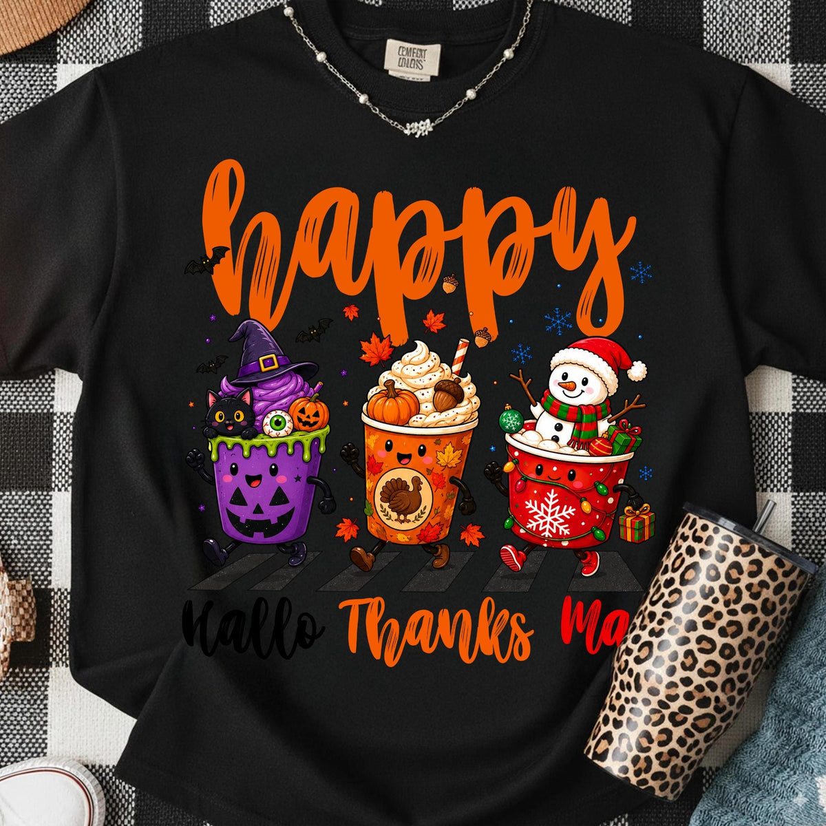 Hallothanksmas Halloween Thanksgiving Christmas coffee cups PNG design - image 6