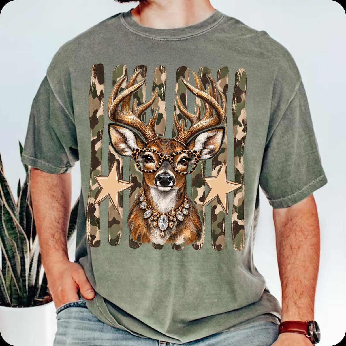 glam whitetail deer with leopard glasses and camo stars PNG design - image 2