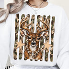 glam whitetail deer with leopard glasses and camo stars PNG design for sublimation and DTF