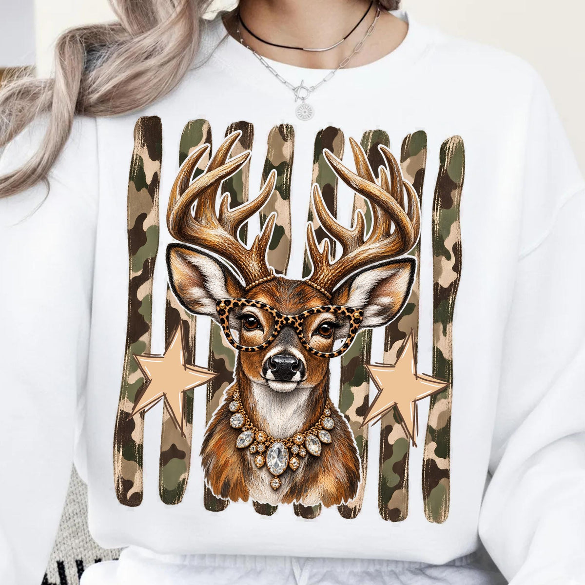 glam whitetail deer with leopard glasses and camo stars PNG design for sublimation and DTF