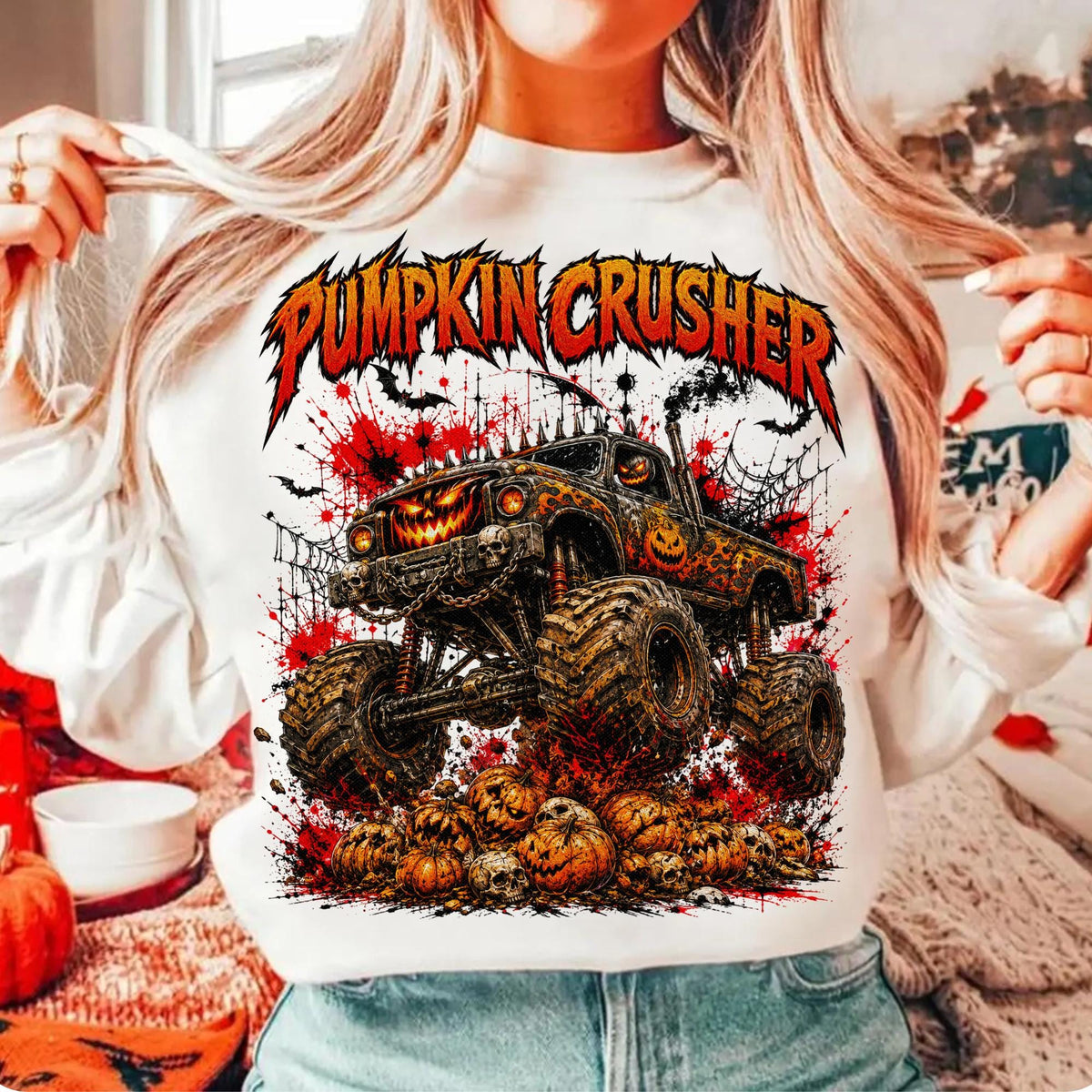 Pumpkin Crusher monster truck Halloween PNG retro design for boys shirts - image 2