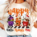 Hallothanksmas Halloween Thanksgiving Christmas coffee cups PNG design for sublimation and DTF