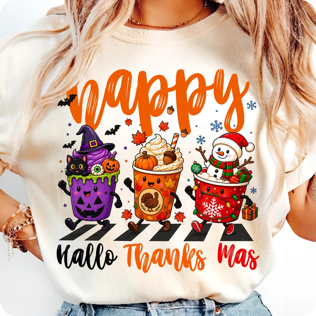 Hallothanksmas Halloween Thanksgiving Christmas coffee cups PNG design for sublimation and DTF