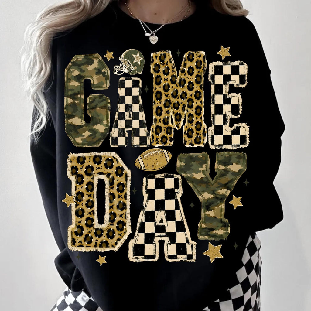 Game Day football mom leopard camo checkerboard PNG design for sublimation and DTF