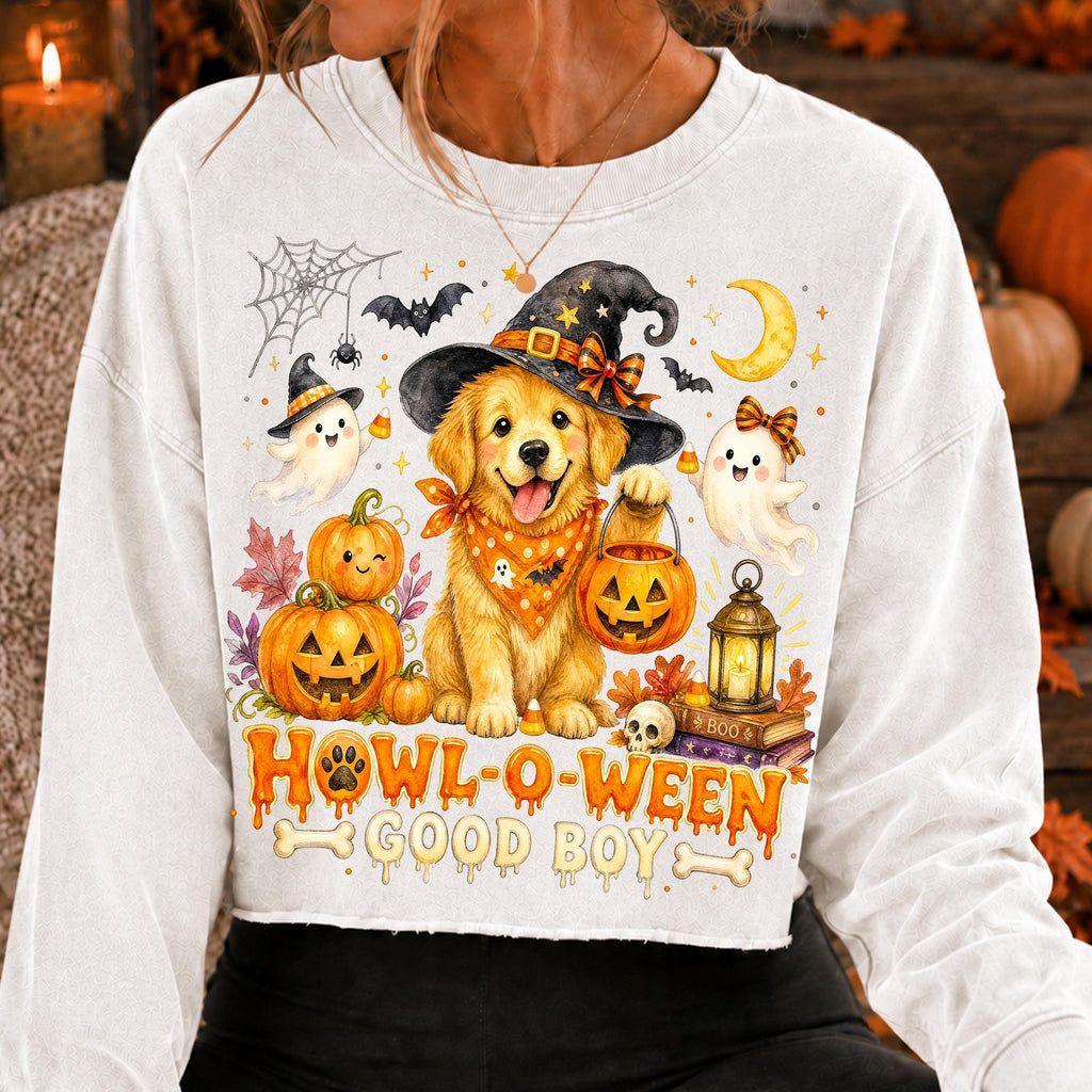 Howl-O-Ween golden retriever in witch hat Halloween PNG for dog lovers - image 5
