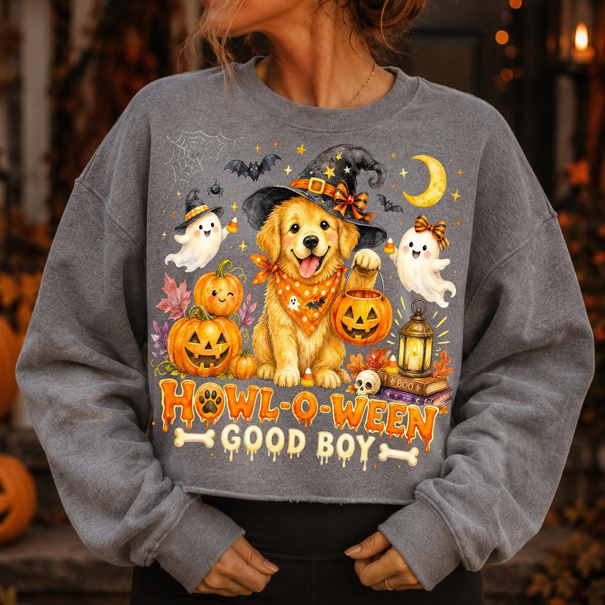 Howl-O-Ween golden retriever in witch hat Halloween PNG for dog lovers - image 9