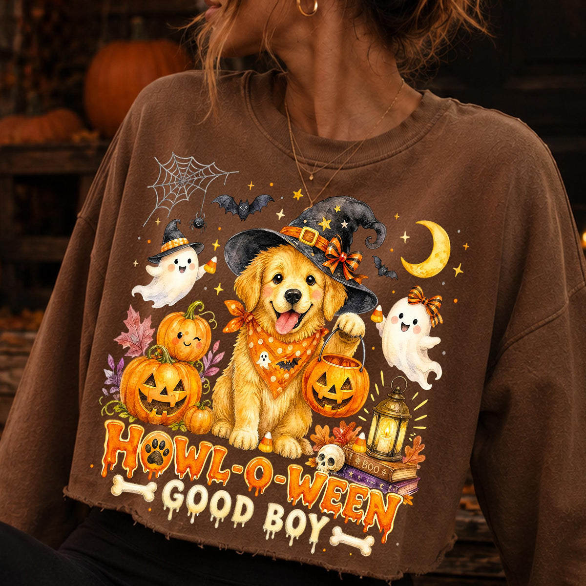 Howl-O-Ween golden retriever in witch hat Halloween PNG for dog lovers - image 7