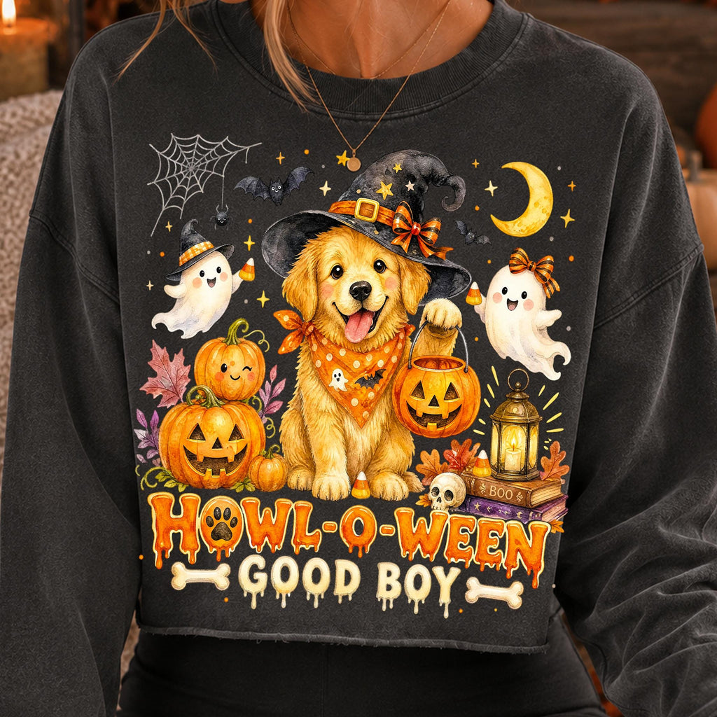 Howl-O-Ween golden retriever in witch hat Halloween PNG for dog lovers - image 2