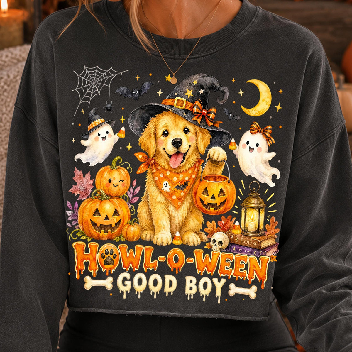 Howl-O-Ween golden retriever in witch hat Halloween PNG for dog lovers - image 2