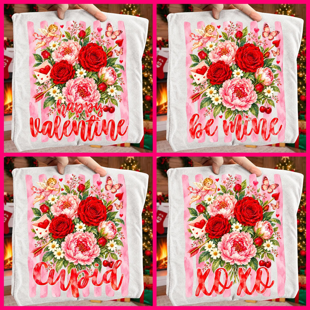 Valentine floral PNG bundle with four designs: Happy Valentine, Be Mine, Cupid, XOXO