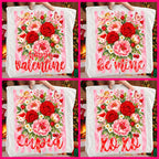 Valentine floral PNG bundle with four designs: Happy Valentine, Be Mine, Cupid, XOXO