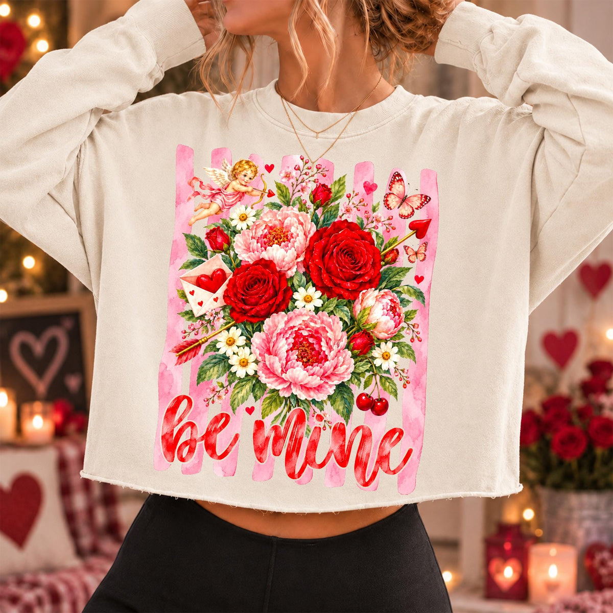 Valentine floral PNG bundle with four designs: Happy Valentine, Be Mine, Cupid, XOXO - image 3