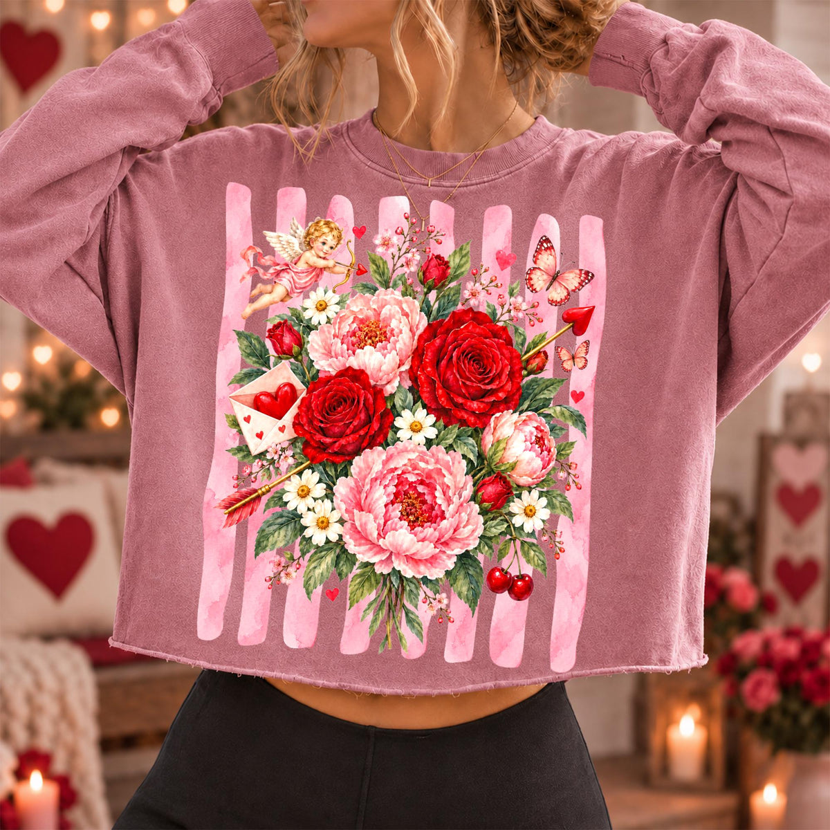 Vintage Valentine floral PNG with roses, peonies, cupid and butterflies - image 6