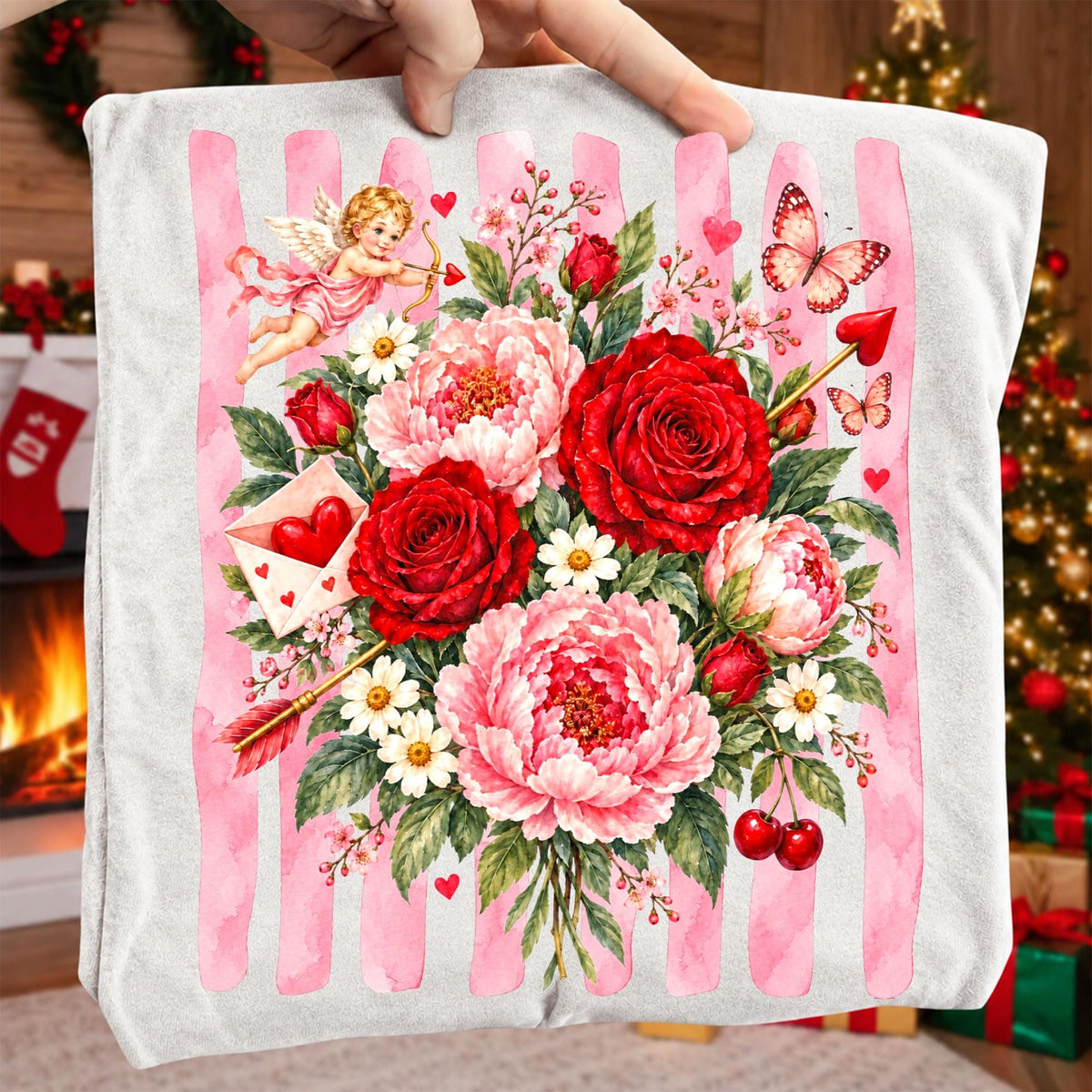 Vintage Valentine floral PNG with roses, peonies, cupid and butterflies