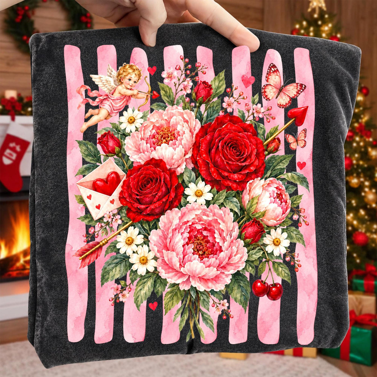 Vintage Valentine floral PNG with roses, peonies, cupid and butterflies - image 10
